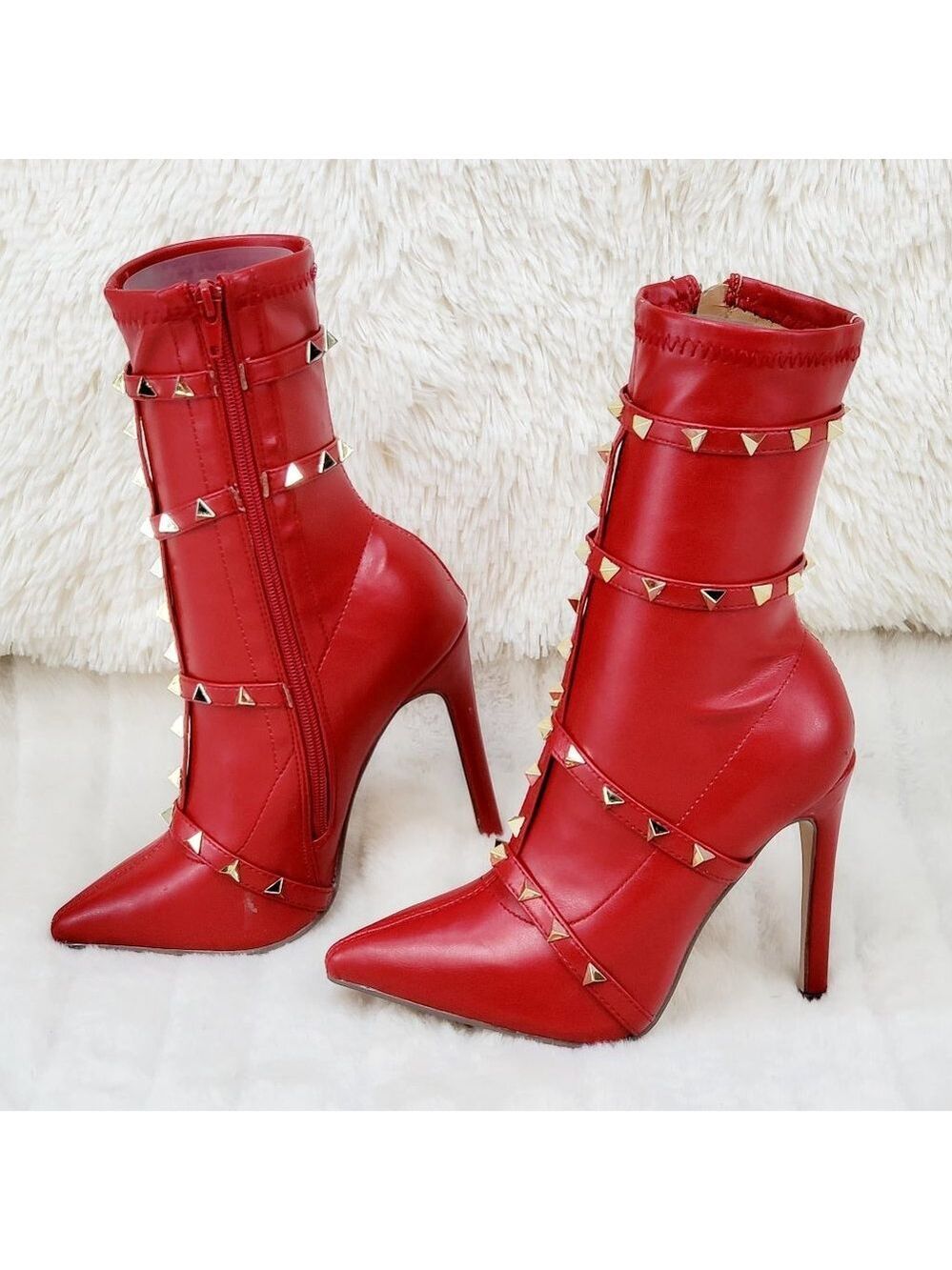 Mark Sexy Stud Strap High Heel Pointy Toe Ankle Boots Red